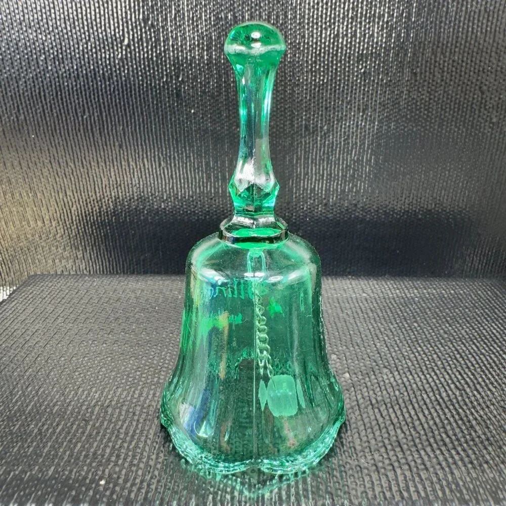 Vintage Illinois State Green Glass Bell Applied Flowers Glassware Figurine Decor
